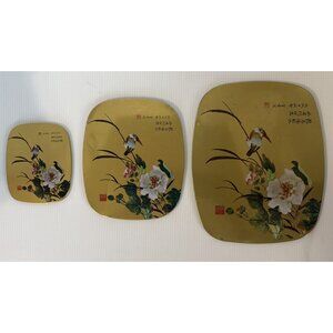 Asian Bird Floral Trivet Set of 3 Golden Serving Coaster w/Cork Back Vintage